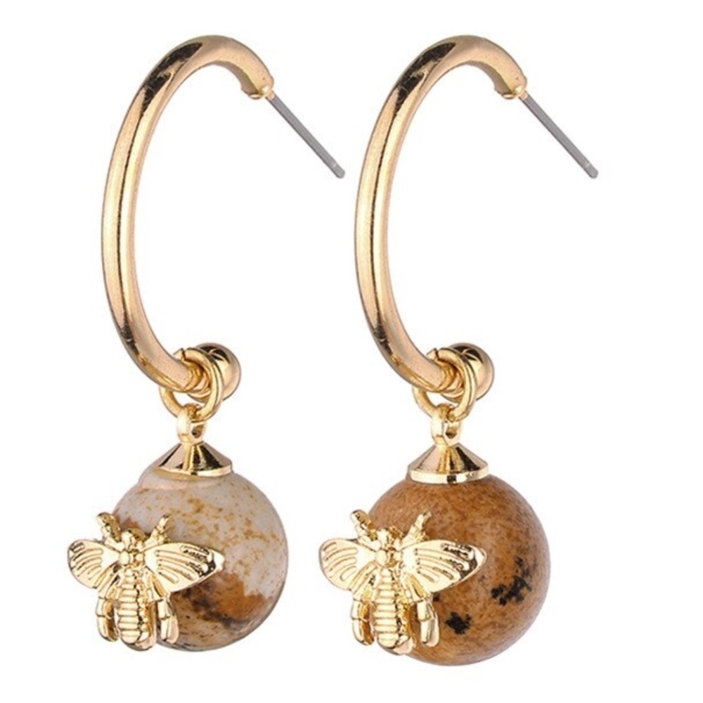 Goldtone Jasper Bead Bee Drop Earrings